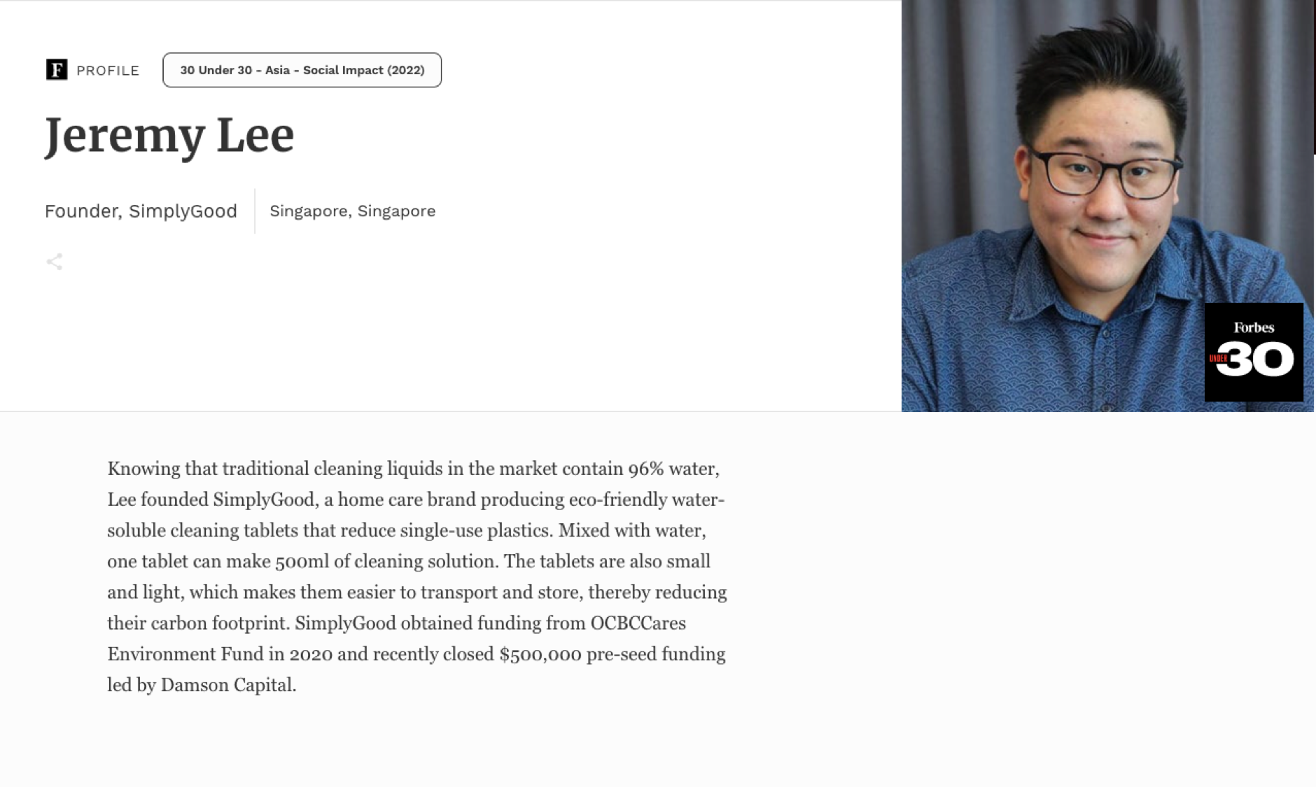 Jeremy Lee of SimplyGood feature on Forbes 30 under 30 list